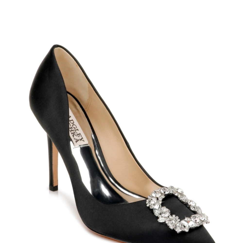 Badgley Mischka Black Satin Heels with Crystal Detail